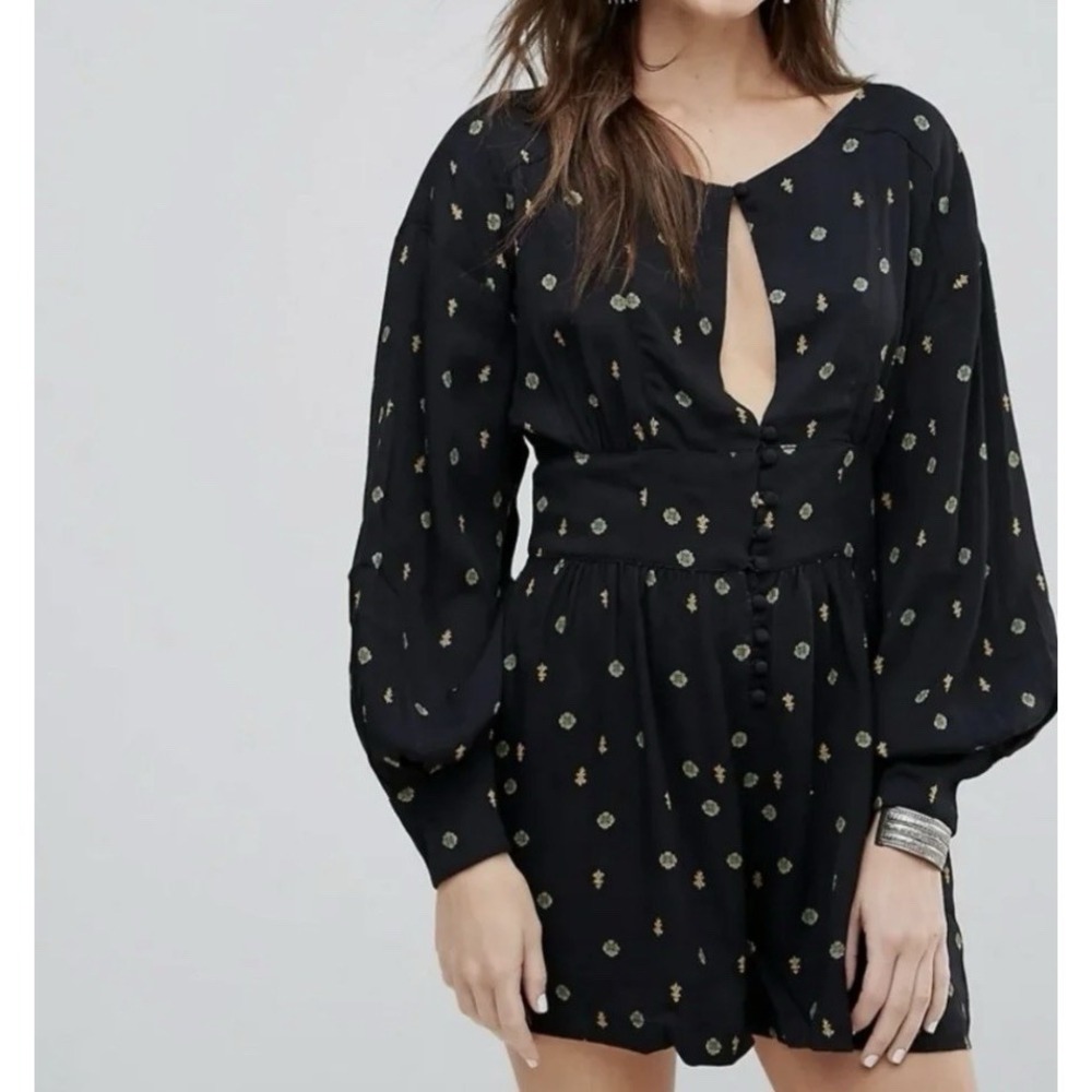 Free People Love Grows Romper Printed Lg Black Keyhole Boho Jumpsuit